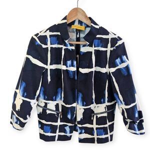 St. John 3/4 Sleeve Blazer Watercolor Plaid Blue White 6